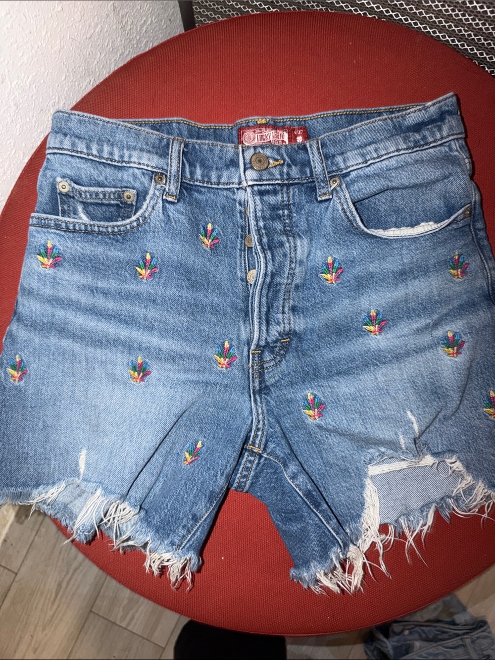 Lucky Brand Blue Denim Embroidered Frayed Hem Shorts